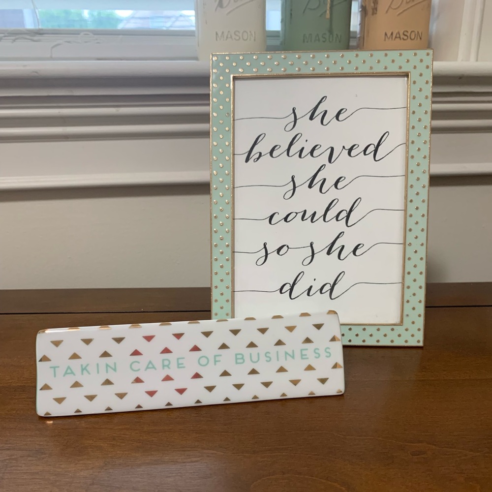 Mint green/gold office decor